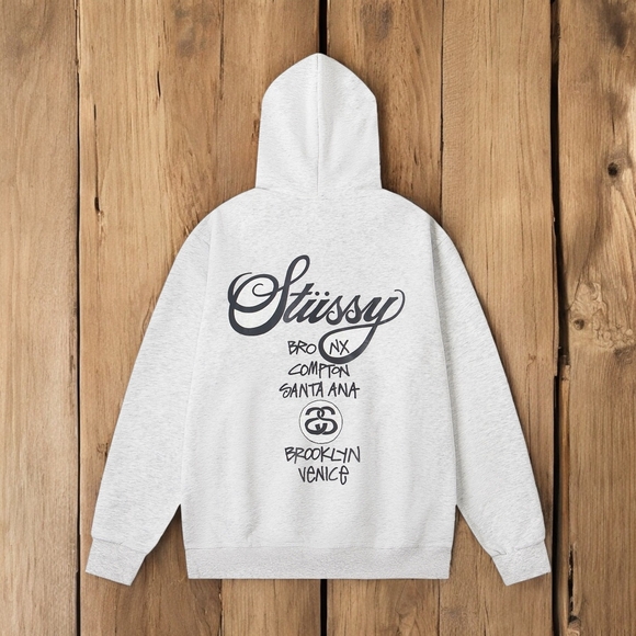 Stussy Light Gray Graphic Hoodie - Picture 1 of 8